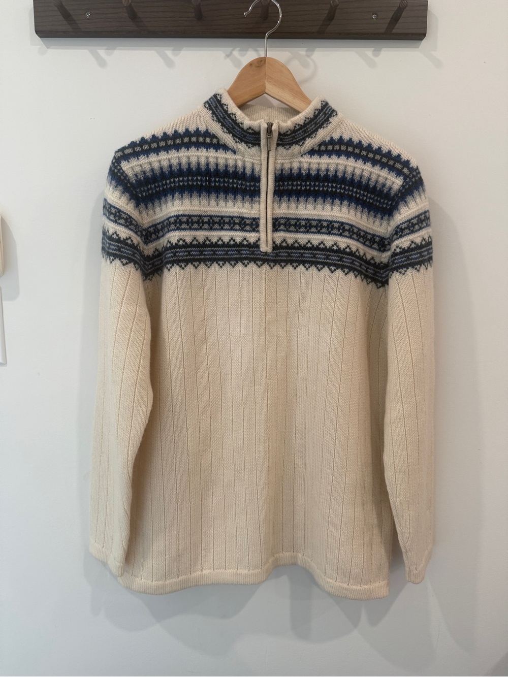 NWT Vintage Lands' End 100% Worsted Wool Nordic Quarter Zip Made in Hongkong